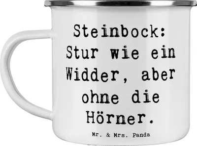 Produktbild von Mr. & Mrs. Panda Emaille Tasse Spruch Steinbock Entschlossen - Weiß - Geschenk, Zielstrebigkeit, Tierkreiszeichen, Geschenke Astrologie, Pott, Motivtasse, Sternzeichen