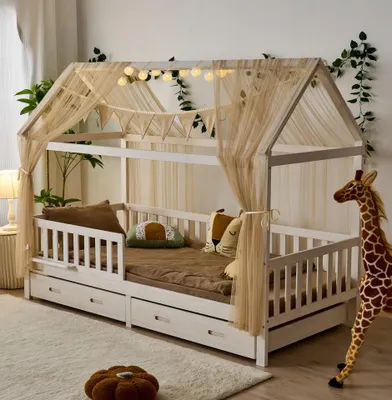 Obrázok produktu pre Domečková posteľ CLOUD 90x200 cm kompletná sada s matracom a zásuvkou béžová