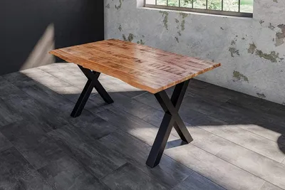 Produktbild von Esstisch Dora 120 x 80 cm, Mangoholz massiv, lackiert & naturfarben, Baumkantentisch mit X-Metallgestell in Mattschwarz, echte Baumkante, 26 mm