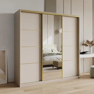 Produktbild von Masseno Schiebetürenschrank VARO 200/205/60 cm Kleiderschrank mit Schubladen Schlafzimmer Schrank 3-türig mit Spiegel Kaschmir + Gold