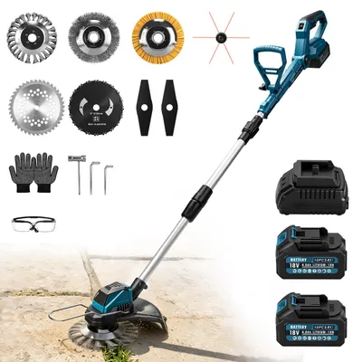 Produktbild von 1200W Akku Rasentrimmer Bürstenloser mit 2×4.0Ah Akku 18V, 16800 RPM mit 7 Klingentypen, 90°/100-140cm Einstellbar, für Makita 18V, Freischneider