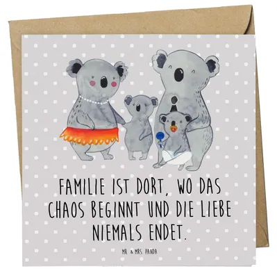 Produktbild von Mr. & Mrs. Panda Klappkarte Koala Familie - Grau Pastell - Geschenk, Muttertag, doppelkarte, Papa, anlasskarte, Glückwunschkarte, Grußkarte, faltkarte, Mama
