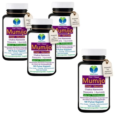 Produktbild von ShilaJit reines Mumijo 720 (4x180) Pulver Kapseln Ayurveda Gold der Berge 4000-5000m Höhe - Fulvinsäure & Huminsäure - Kein Extrakt Ohne Zusatzstoffe
