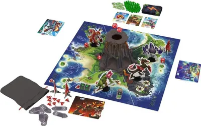 A board game with a volcano centerpiece, monster figures, cards, dice, and tokens.