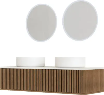 Image de Meuble Salle de Bains 120 2 TiroirsReproduction Chêne et Noir - Vasques et Plan Blancs - Miroirs LED 50