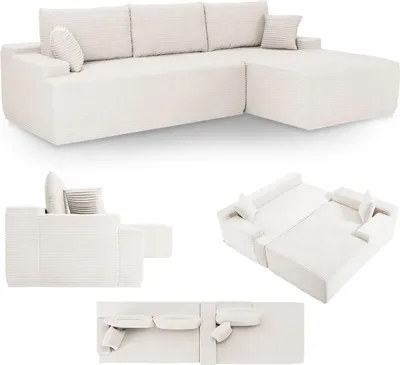 Produktbild von Juskys Sofa Coredo - Creme, moderne Couch aus Cord mit Kissen, Ottomane rechts