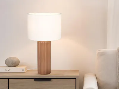 Produktbild von Große LED Tischlampe mit Keramikfuß & Stoffschirm Beige, Nachttischlampe H: 51cm