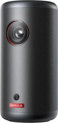 A close-up, front-facing studio shot of a portable projector.