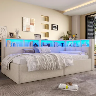 Produktbild von MODFU Schlafsofa ohne Matratze 90×200 Jugendbett mit LED-Streifenbeleuchtung,Bettgestell mit Aufbewahrungsfunktion und Staufächer,beige