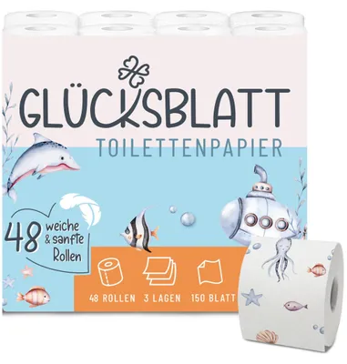 Produktbild von Toilettenpapier mit bedruckten Motiven, 3-lagig, 48 Rollen x 150 Blatt, 100% Zellstoff, superweiches Klopapier, WC Papier, Verpackung aus mind. 30% PC