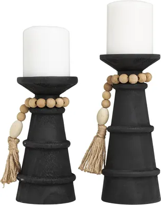 Productafbeelding van Deco 79 Hout Handgemaakte Decoratieve Kaarsenhouder Getextureerde Matte Kaarsenstandaard met Kralen Garland Accent, Set van 2 Kandelaar Houder 10 "