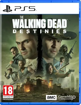 The image is a video game box cover for 'The Walking Dead Destinies' on PlayStation 5. It features characters from the show and the game's title prominently displayed. The bottom left corner shows an '18' rating symbol.