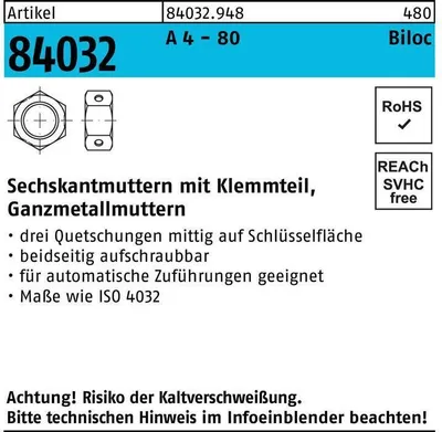 Produktbild von Reyher  Biloc-Muttern 84032 A 4-80 M 16 (100 Stück)