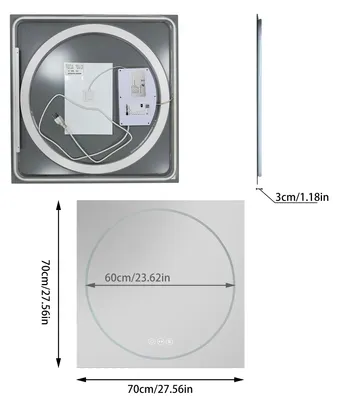 Zdjęcie produktu dla Lustro do łazienki LED - kwadratowe, montowane na ścianie - 70x70 cm - oświetlenie przednie i tylne - 3 tryby barw światła - powłoka anty-mgielna z funkcją pamięci