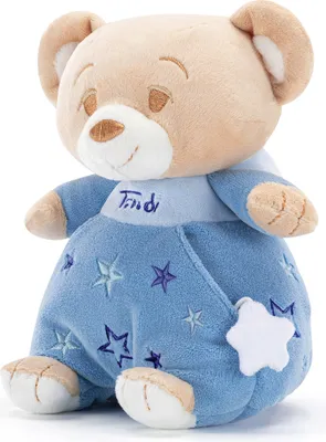 A plush teddy bear wearing blue pajamas with stars.