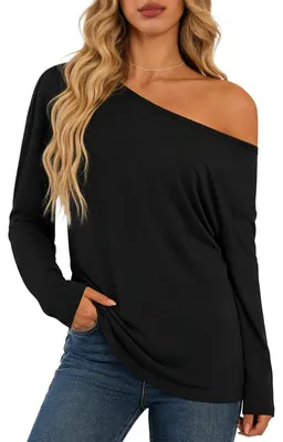 Image de Solidchoice - T-shirt à épaules dénudées pour femmes - Chemisier ample avec manches chauve-souris