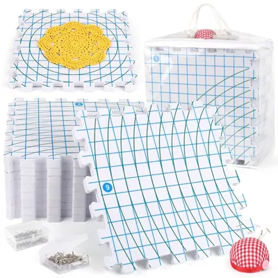 Produktbild von Spannmatten für Stricknadeln mit 200 T-Nadeln, extra dicke Spannmatten mit Nadelkissen, 9-teiliges Spannmatten-Set mit Raster, Spannmatten-Set zum Spannen von Granny Squares und Häkelspitze.