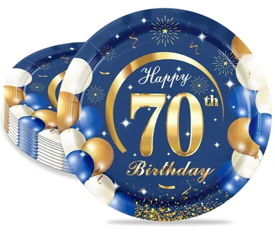 Immagine prodotto di Piatti di carta per il 70° compleanno, 16 pezzi, blu e oro, 18 cm, decorazioni per feste
