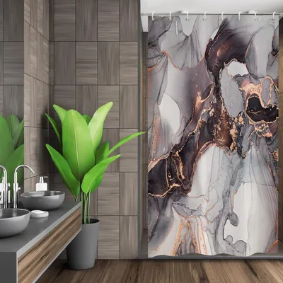 Produktbild von Duschvorhang in Marmoroptik, 120 x 200 cm, moderne abstrakte Kunst mit Textur in Schwarz-, Gold- und Graumarmoroptik, waschbar, Polyestergewebe, wasserdicht, geeignet für das Badezimmer, mit 8 Haken.