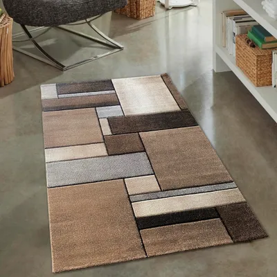 Zdjęcie produktu dla Nowoczesny abstrakcyjny designerski dywan z prostokątami w kolorze beżowym, rozmiar - 80 x 150 cm