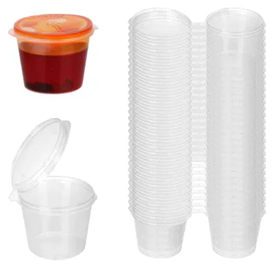 Productafbeelding van Kunststof bakjes met deksel - inhoud 25 ml - geschikt voor sauzen, dips en salades - 50 stuks