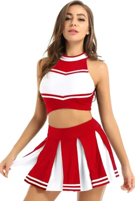 Produktbild von Damen Cheerleader Kostüm Gr. S Uniform Set Crop Top Rückenfrei Faltenrock Minirock Tanz Karneval Party Halloween