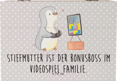 Produktbild von Mr. & Mrs. Panda Kiste Stiefmutter Bonusboss 22 x 15 cm - Grau Pastell - Geschenk, Box, Geschenkbox, Videospiel, Truhe, Aufbewahrungsbox aus Holz, Familienspruch, fotobox