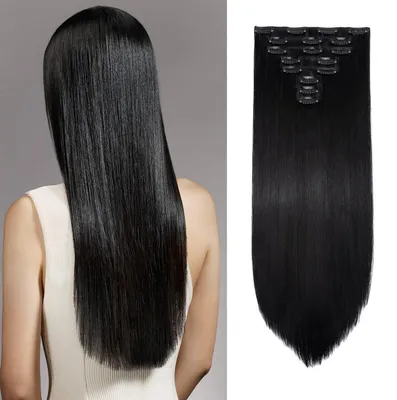 Immagine prodotto di Estensioni per capelli a clip, 8 pezzi, fibra sintetica liscia, colore nero, lunghezza 60 cm