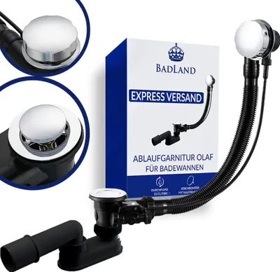 A product shot of a bathtub drain and overflow kit, with a box and close-up views of the drain stopper.