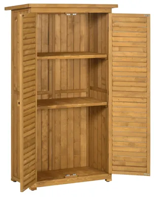Obrázek produktu pro Zahradní úložna – skříň na nářadí – dveře s lamelami – 3 police – vodotěsná – smrkové dřevo – 87 x 46,5 x 160 cm – přírodní dřevo