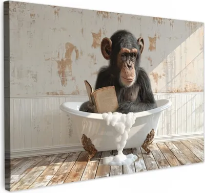 Produktbild von MuchoWow® - Leinwandbilder - Vintage - Affe - Badewanne - Schaumstoff - Tier, Wandbild, Wanddeko Bilder Wohnzimmer, 90x60 cm