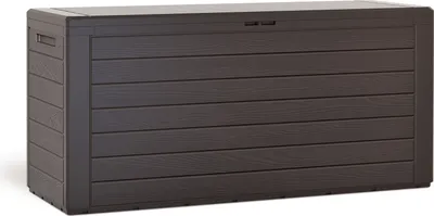 Zdjęcie produktu dla Skrzynia na poduszki/skrzynia ogrodowa "Woody" wys. 58 x szer. 120 x gł. 46 cm, wygląd drewna, kolor ciemnobrązowy; GTS178509