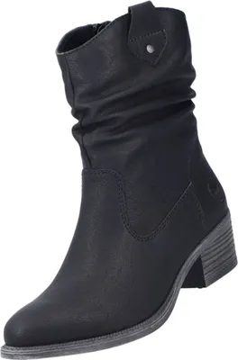 A black leather boot on a white background.