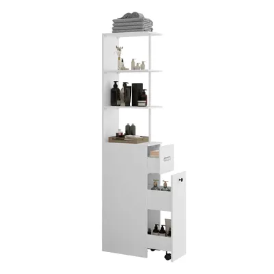 Produktbild von Puluomis Badezimmschrank Badkommode mit Schubladen, Hochschrank schmal 40x23x167 cm,Stauraum Schrank für Bad, Küche, Wohnzimmer, MDF, Weiß
