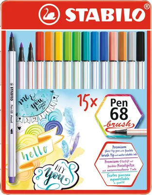 Produktbild von Premium-Filzstift mit Pinselspitze für variable Strichstärken - STABILO Pen 68 brush - 15er Metalletui - mit 15 verschiedenen Farben