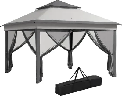 Image de Pavillon de jardin - Pavillon pliable Pop-Up - 3,26 × 3,26 × 2,72 m - Tissu Oxford - Hauteur réglable - Double toit - Gris