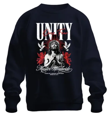 Immagine prodotto di Unità al di sopra della paura. Gesù.  di spine. Croce. Angeli. Fede. Preghiera. Felpa con cappuccio, blu navy, taglia L