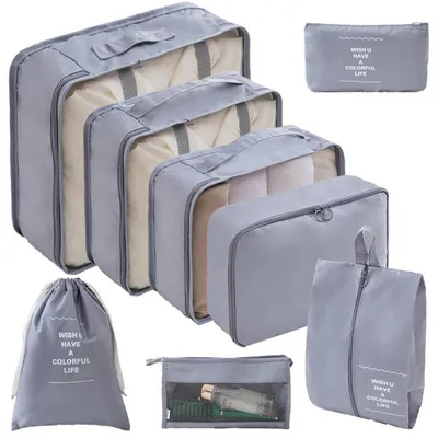 Image de Lot de 8 pochettes de rangement de voyage, organiseurs imperméables, différentes tailles, pliables, légères, gris
