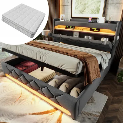 Imagen del producto de Cama tapizada de 180x200 cm con colchón H3 de 25 cm de altura, espacio de almacenamiento hidráulico, cabecero con puertos USB y Type-C, iluminación LED de 360° y tapizada en lino de color gris