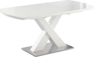 A white dining table with a modern X-shaped base and a silver metal plate at the bottom, shown against a white background.