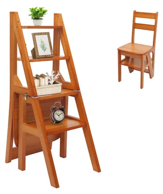 Productafbeelding van Vouwladder met Zitting - 4 Treden Hout - Hoogte Verstelbaar