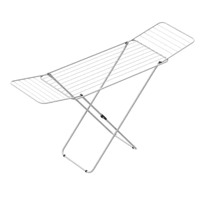 A white metal drying rack for laundry, shown against a white background.