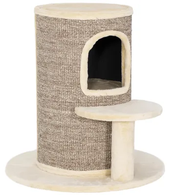 Produktbild von Katzen Kratztonne beige 2 Ebenen – Sisal, Sprungplattform, Plüschbezug, 60x60x61