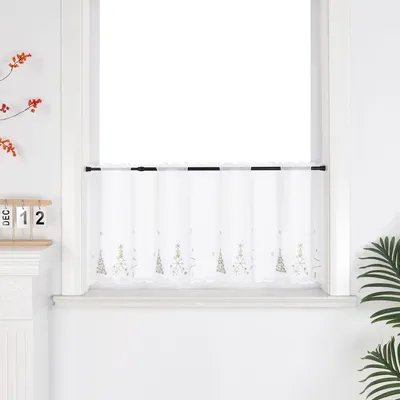 Produktbild von Joyswahl Scheibengardine Weihnachten Deko Küche Gardinen mit goldener Christbaumstickerei Kurztores Landhausstil transparent Weiß BxH 140x45 cm