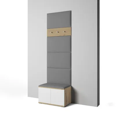 Produktbild von Garderoben-Set Aura version 6 mit Schuhregal und Polsterplatten, Ideal für Flur und Eingangsbereich (Weiß / Eiche Artisan, Trinity 33)