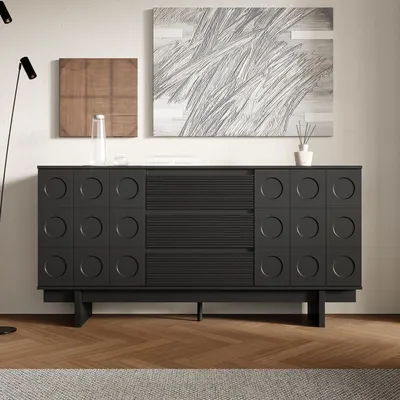 Produktbild von Sideboard mit 3 Schubladen und 2 Türen, Küchenschrank mit hohen Schrankbeinen, für Wohnzimmer, Küche, Esszimmer, Schwarz, MDF, 160 × 40 × 80 cm