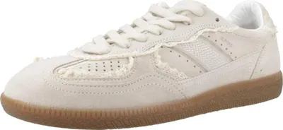 A single beige sneaker with a brown sole is shown against a white background.