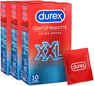 Produktbild von Durex Gefühlsecht XXL Kondome - Angenehmer Geruch, perfekten Sitz und leichtes Abrolle – Große Kondome mit Easy-On-Form, befeuchtet & transparent – 30er Pack (3 x 10 Stück)