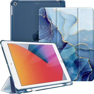 Produktbild von Fintie Hülle für iPad 9. Generation 2021/8. Gen 2020/7. Gen 2019 10.2 Zoll mit Stifthalter, ultradünne leichte Schutzhülle mit transparenter Rückseite und Auto Schlaf/Wach Funktion, Blau Marmor