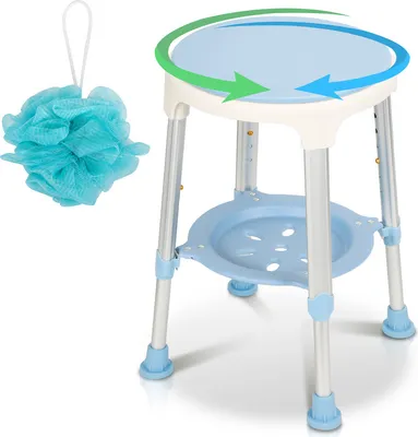 A blue and white shower stool with a blue bath pouf next to it, on a white background.